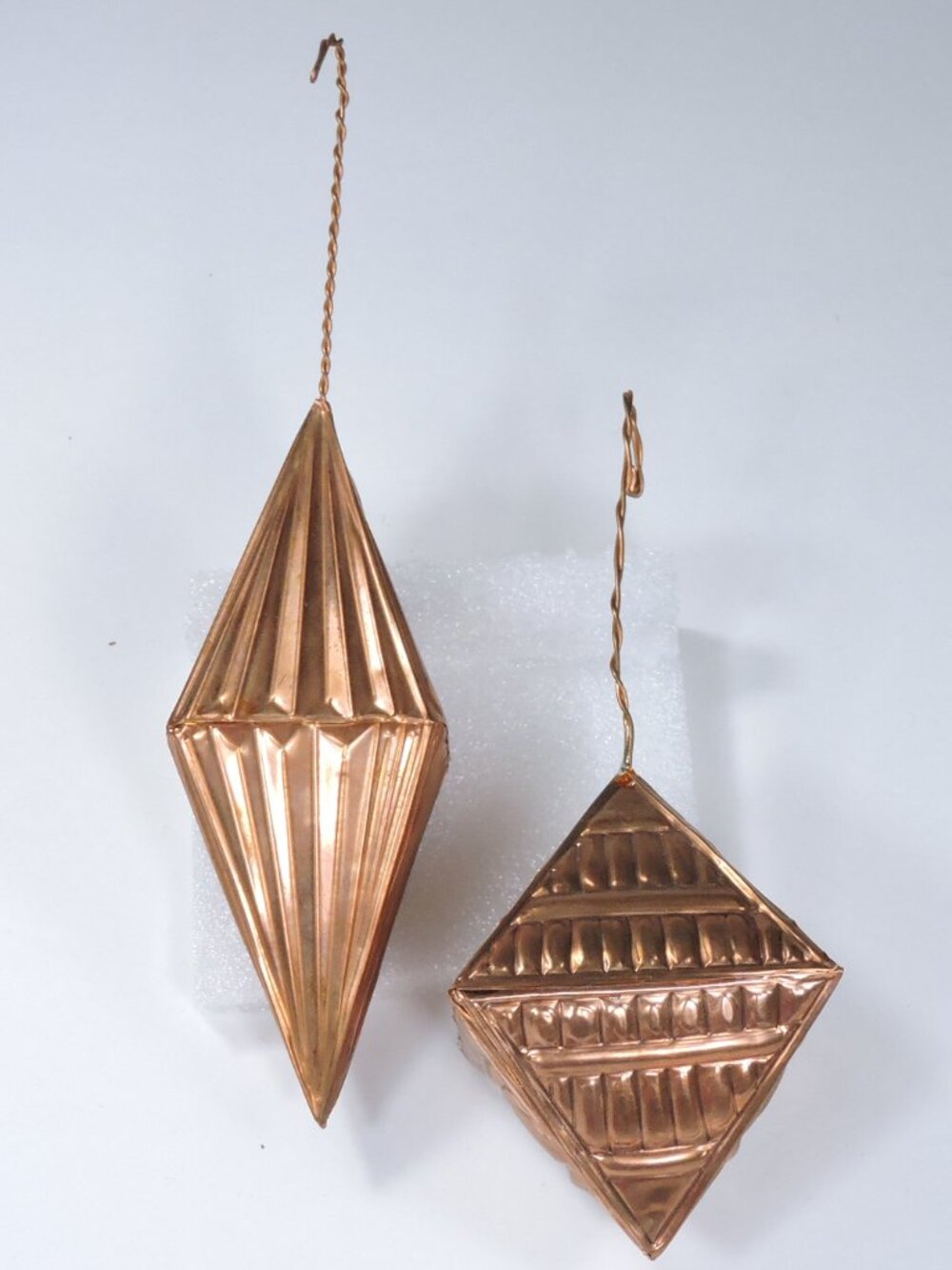 2 Vintage Pressed Copper Metal Christmas Ornaments - Embossed Pyramid Shape